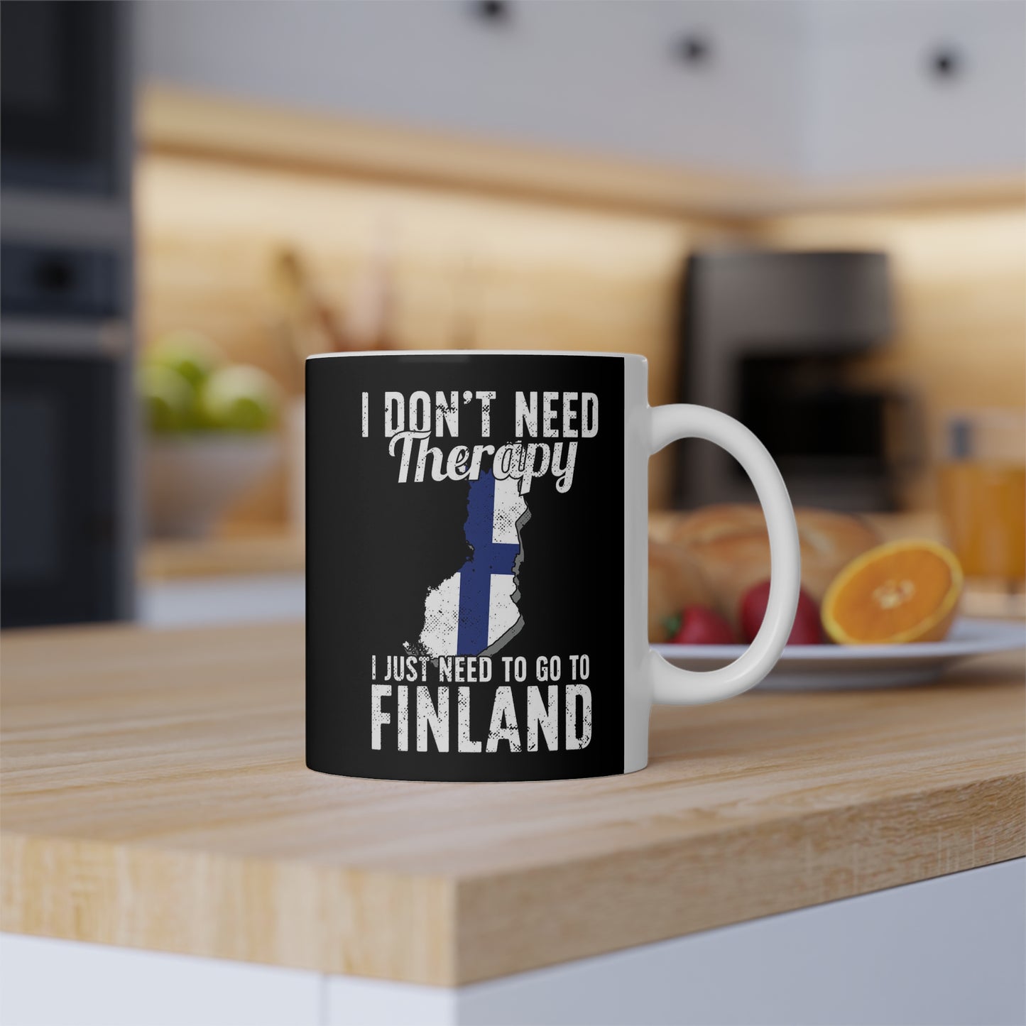 I Don't Need Therapy, I Just Need to Go to Finland Mug - 11oz | Black with Finland Map Design