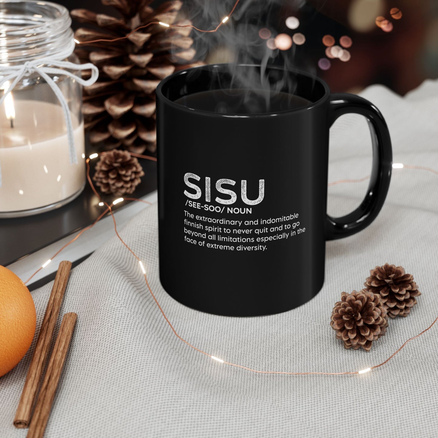 Black Mug with "Sisu" and Its Meaning (11oz, 15oz)